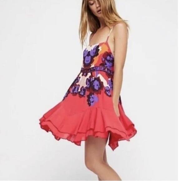 Free People Sweet Lucy Coral Red Print Mini Dress Size Small - Picture 2 of 11